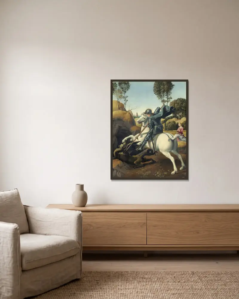 Saint George and the Dragon, 1506 av Raphael inramad på en vägg