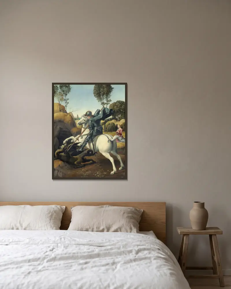 Saint George and the Dragon, 1506 av Raphael inramad på en vägg