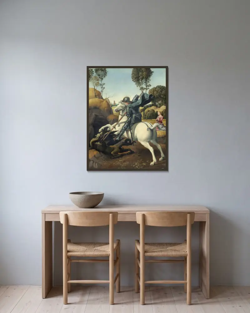 Saint George and the Dragon, 1506 av Raphael inramad på en vägg