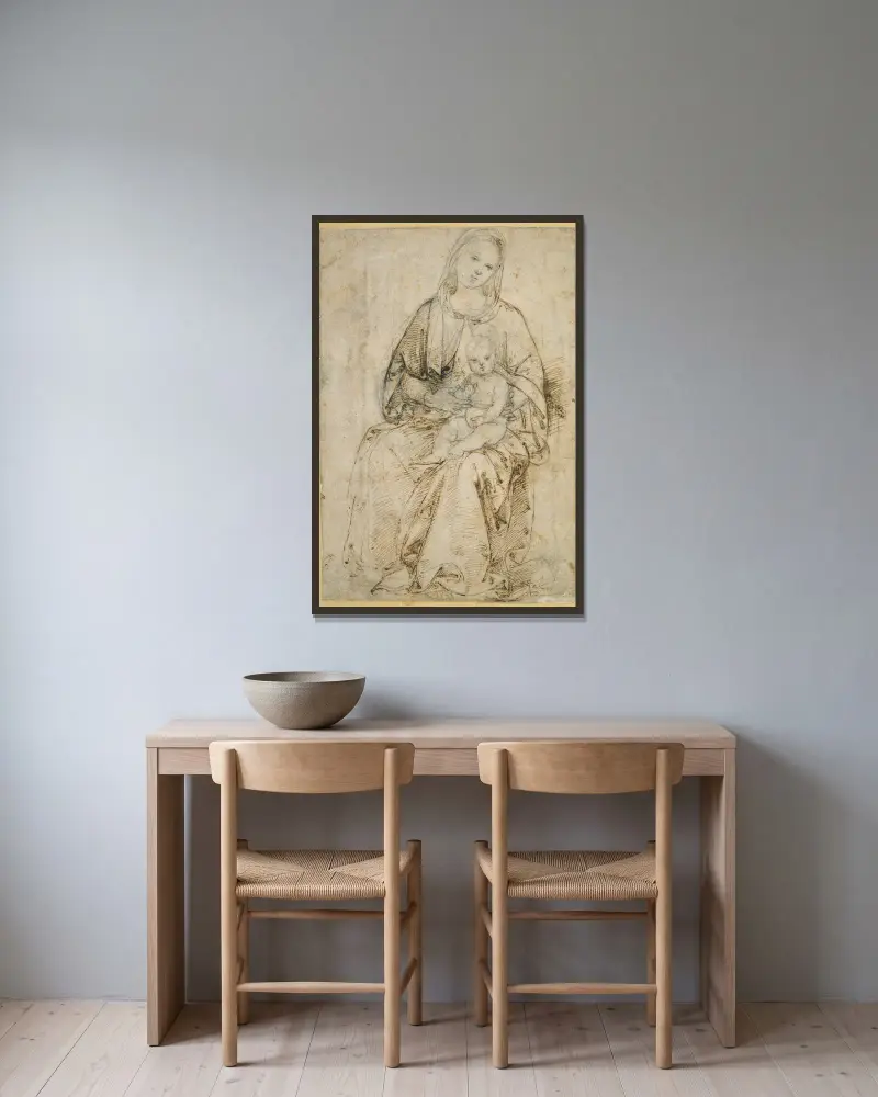 Sitzende Madonna mit Kind von Raphael gerahmt an einer Wand
