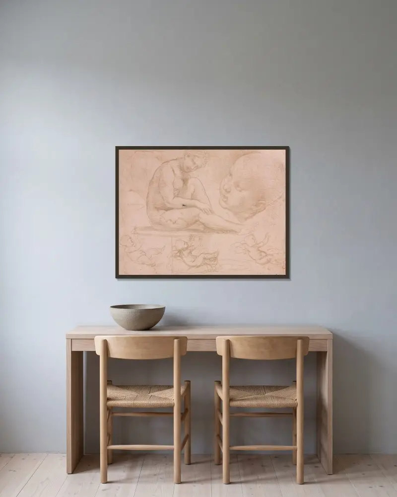 Studier av en sittande kvinna, barnhuvud och tre studier av ett barn (ca 1507–1508) av Raphael inramad på en vägg