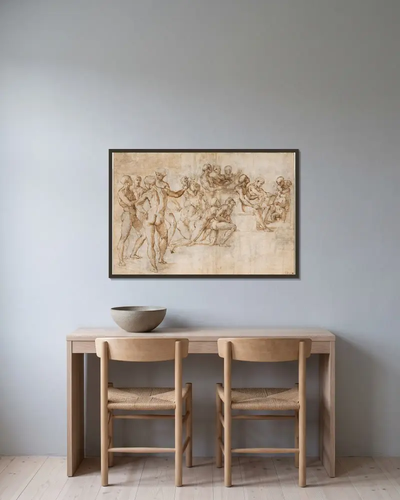 Study for the lower left section of the Disputa av Raphael inramad på en vägg