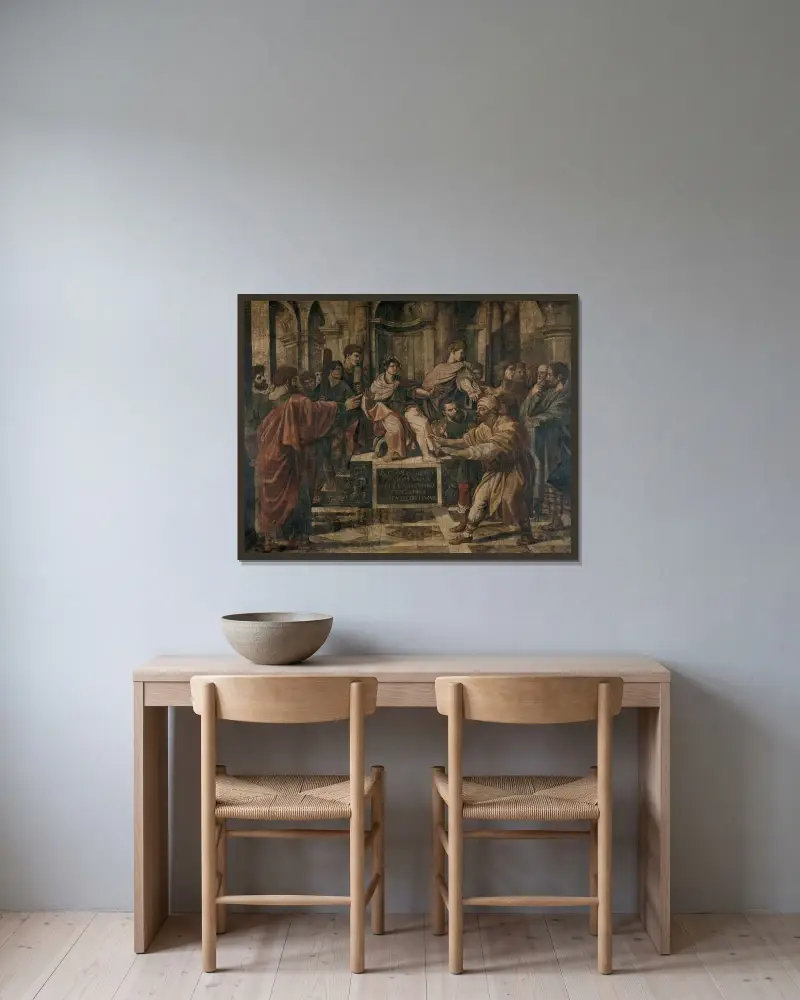 The Blinding of Elymas av Raphael inramad på en vägg