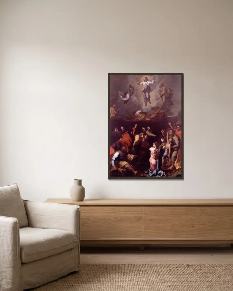 The Transfiguration av Raphael inramad på en vägg