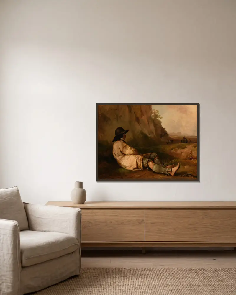Rastender Schafhirte in der Nähe eines Felsens von Jacques-Raymond Brascassat gerahmt an einer Wand