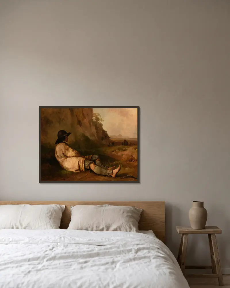 Rastender Schafhirte in der Nähe eines Felsens von Jacques-Raymond Brascassat gerahmt an einer Wand