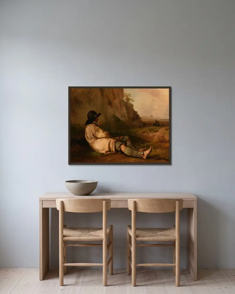 Rastender Schafhirte in der Nähe eines Felsens von Jacques-Raymond Brascassat gerahmt an einer Wand