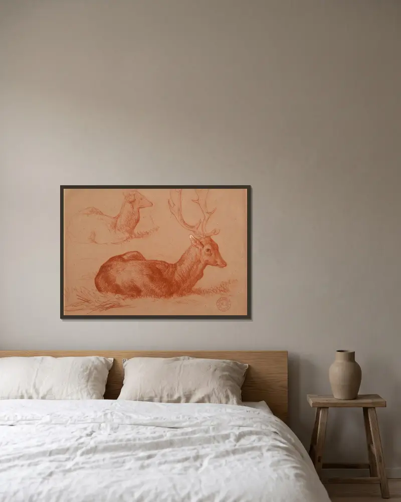 Cerf couché et étude de cerf av Jacques-Raymond Brascassat inramad på en vägg