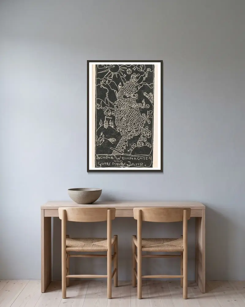 Julkort med kuperat landskap och sjö av Reijer Stolk inramad på en vägg