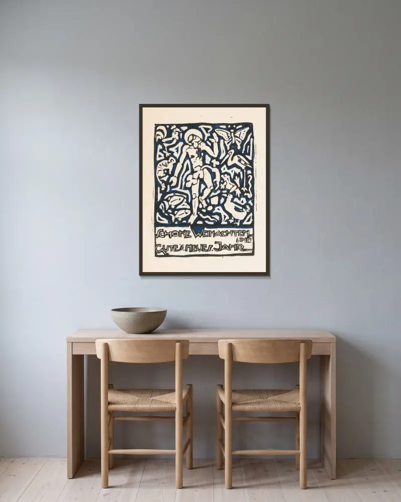 Julkort med mänsklig figur och djur av Reijer Stolk inramad på en vägg