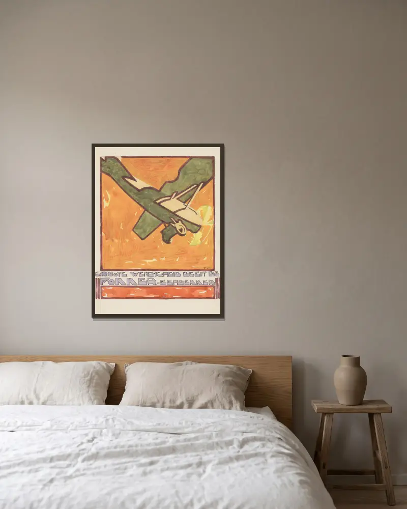 Design för reklam för Fokker-Eendekker av Reijer Stolk inramad på en vägg