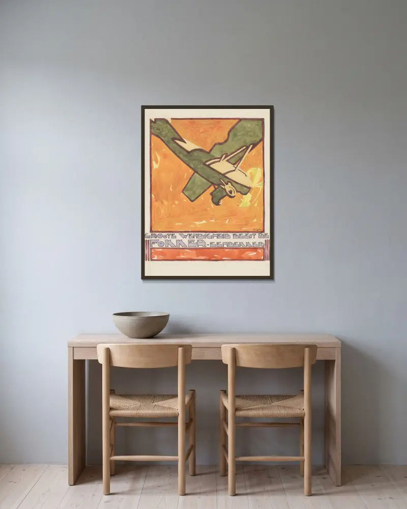 Design för reklam för Fokker-Eendekker av Reijer Stolk inramad på en vägg