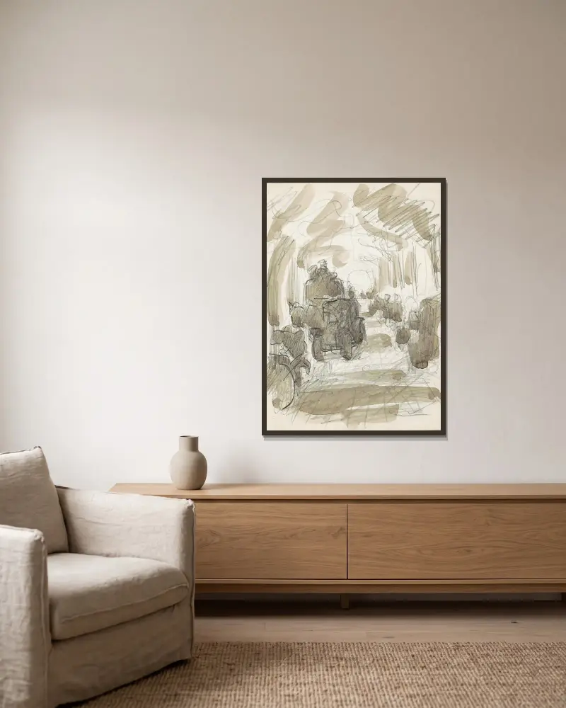 Övertäckt galleri med figurer och en hästkärra av Reijer Stolk inramad på en vägg