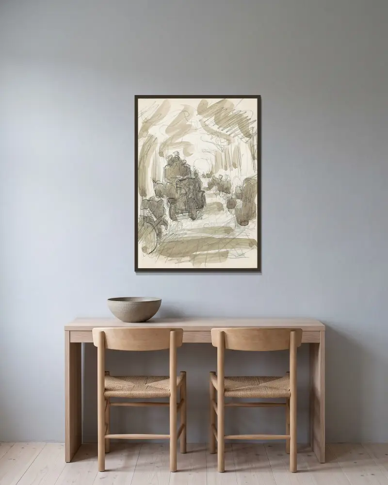 Övertäckt galleri med figurer och en hästkärra av Reijer Stolk inramad på en vägg
