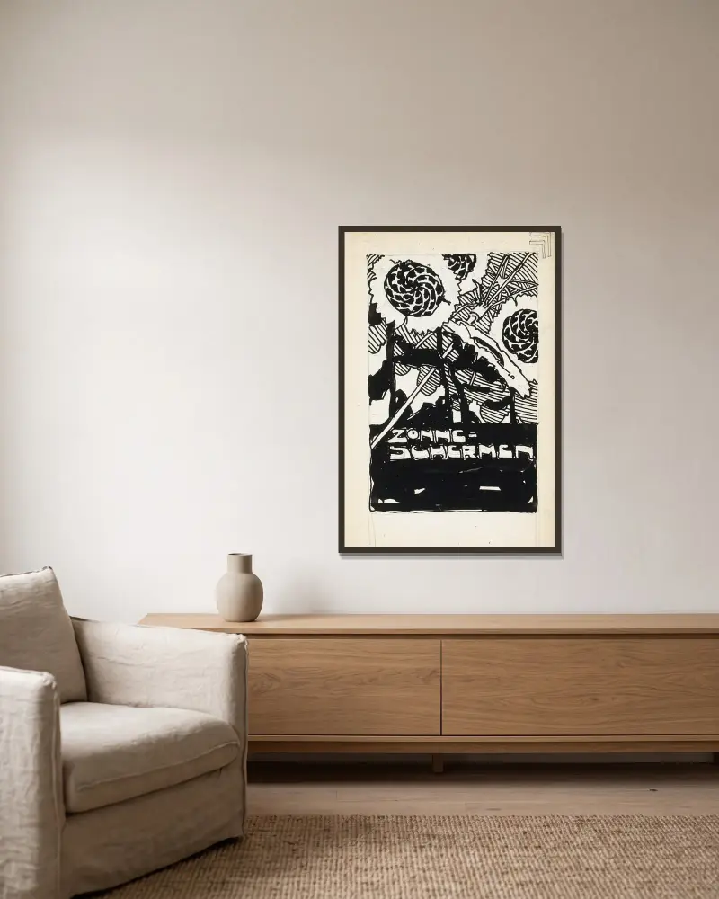 Reklamdesign för solskydd av Reijer Stolk inramad på en vägg