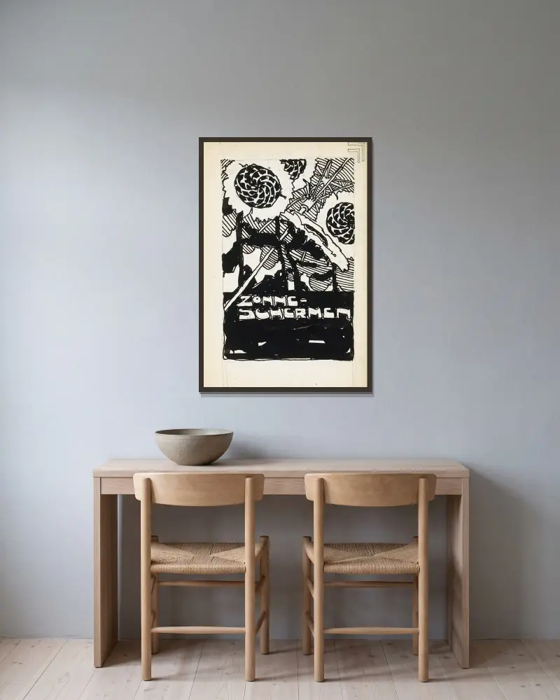 Reklamdesign för solskydd av Reijer Stolk inramad på en vägg