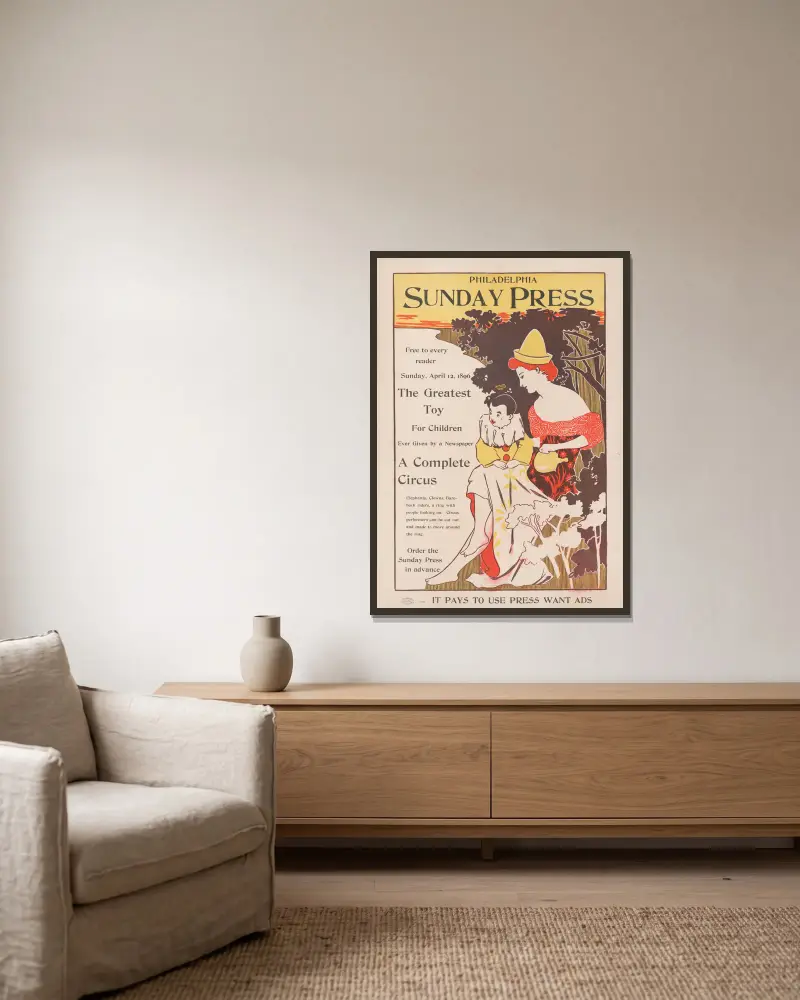 Für jeden Leser kostenlos, Sonntag, 12. April 1896; das größte Spielzeug für Kinder, das je von einer Zeitung geschenkt wurde – ein kompletter Zirkus. von George Reiter Brill gerahmt an einer Wand