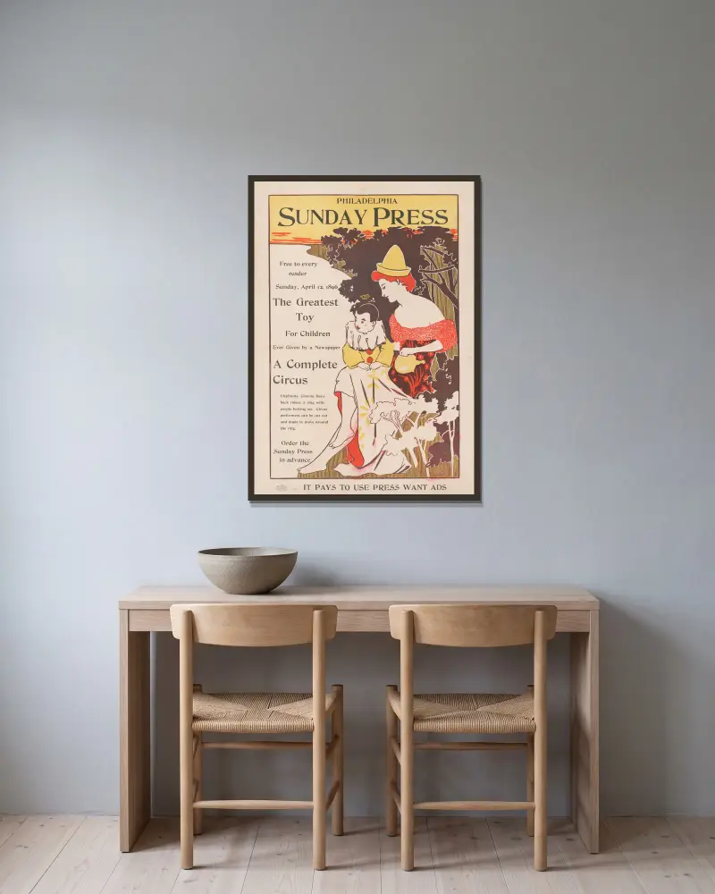 Für jeden Leser kostenlos, Sonntag, 12. April 1896; das größte Spielzeug für Kinder, das je von einer Zeitung geschenkt wurde – ein kompletter Zirkus. von George Reiter Brill gerahmt an einer Wand