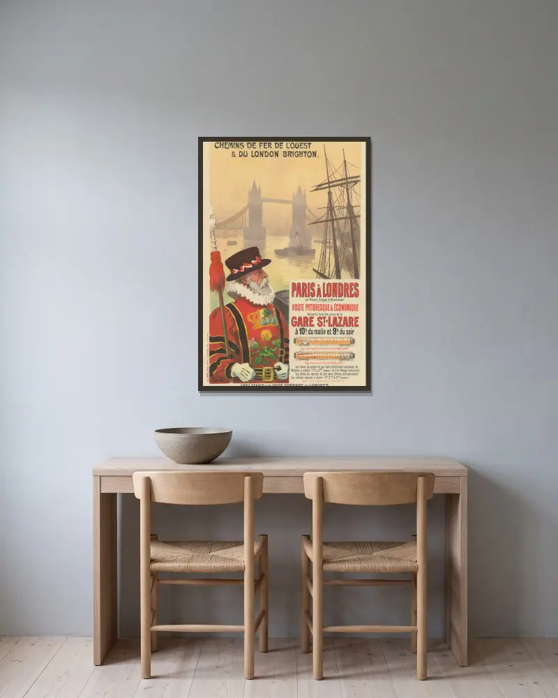 Chemins de fer de l'Ouest & du London Brighton. Paris till London via Rouen av René Péan inramad på en vägg