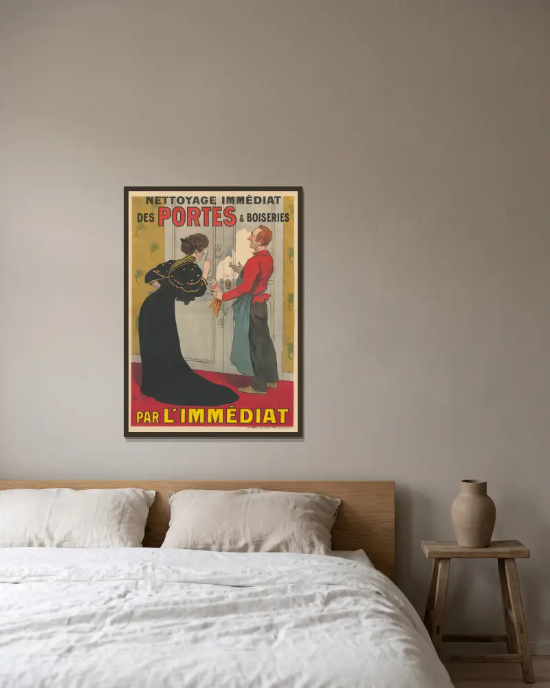 Omedelbar rengöring av dörrar och boaserier med L'Immédiat av René Péan inramad på en vägg