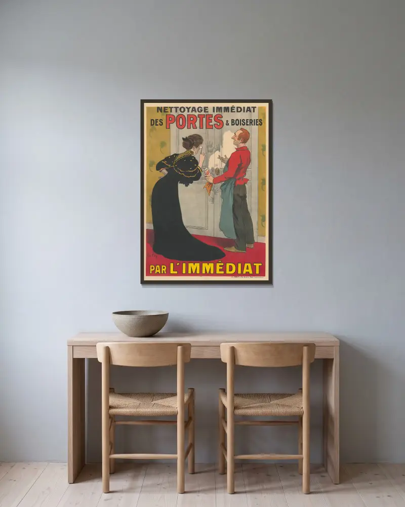 Omedelbar rengöring av dörrar och boaserier med L'Immédiat av René Péan inramad på en vägg