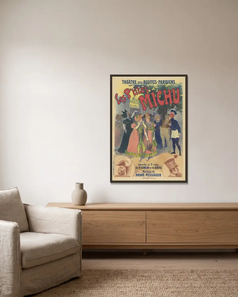 Théâtre des Bouffes Parisiens. Les P’tites Michu, opérette en 3 actes de A. Vanloo & G. Duval von René Péan gerahmt an einer Wand