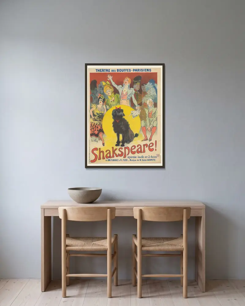 Théâtre des Bouffes-Parisiens. ‘Shakspeare !’ von René Péan gerahmt an einer Wand