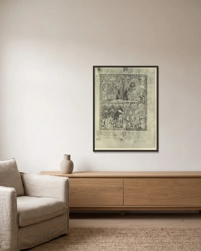 Gammaltestamentliga illustrationer från mitten av 1200-talet, plansch 7 av Montague Rhodes James inramad på en vägg
