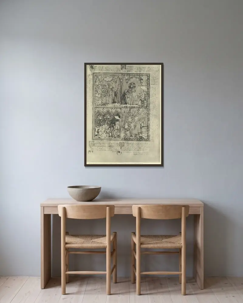 Gammaltestamentliga illustrationer från mitten av 1200-talet, plansch 7 av Montague Rhodes James inramad på en vägg