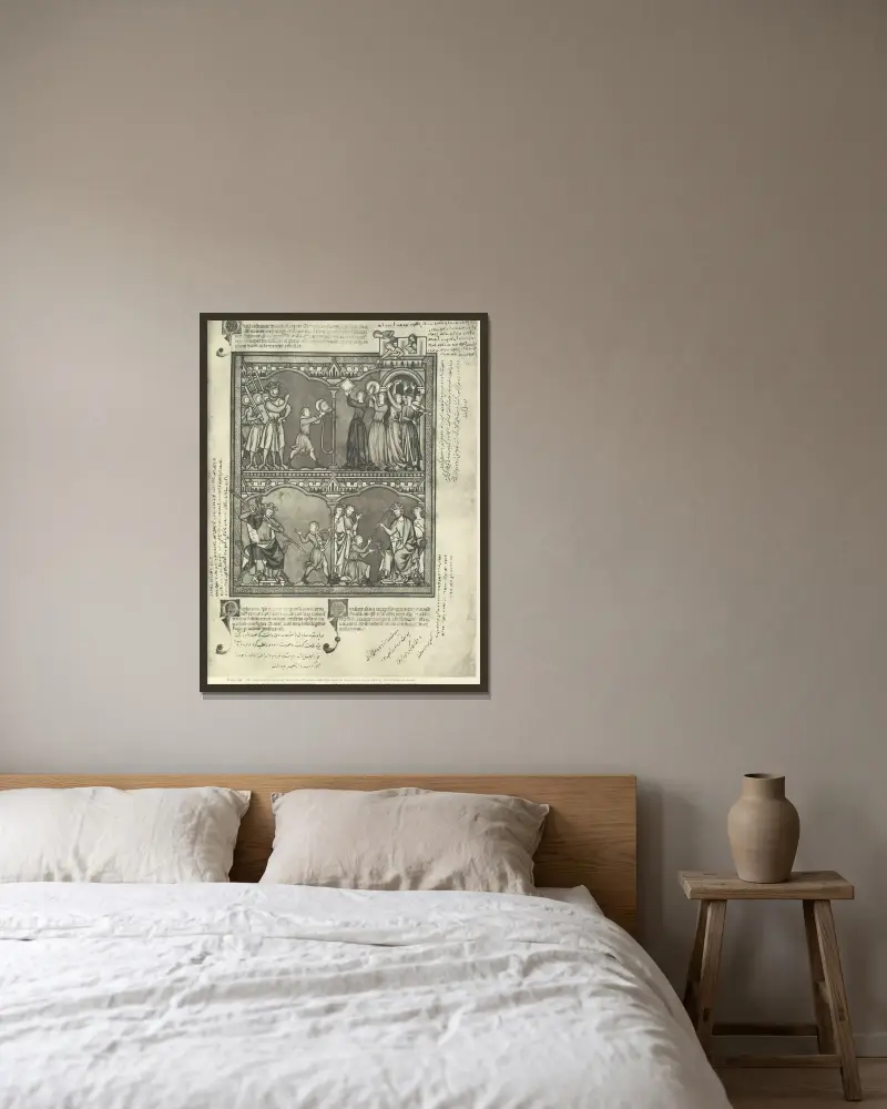 Gammaltestamentliga illustrationer från mitten av 1200-talet, plansch 57 av Montague Rhodes James inramad på en vägg