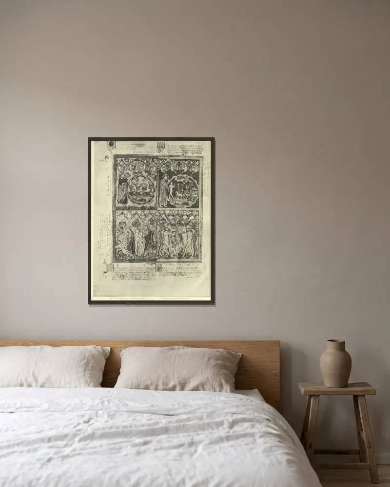 Gammaltestamentliga illustrationer från mitten av 1200-talet, plansch 2 av Montague Rhodes James inramad på en vägg