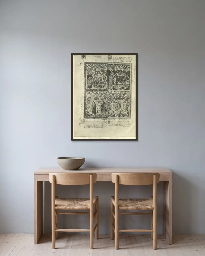 Gammaltestamentliga illustrationer från mitten av 1200-talet, plansch 2 av Montague Rhodes James inramad på en vägg