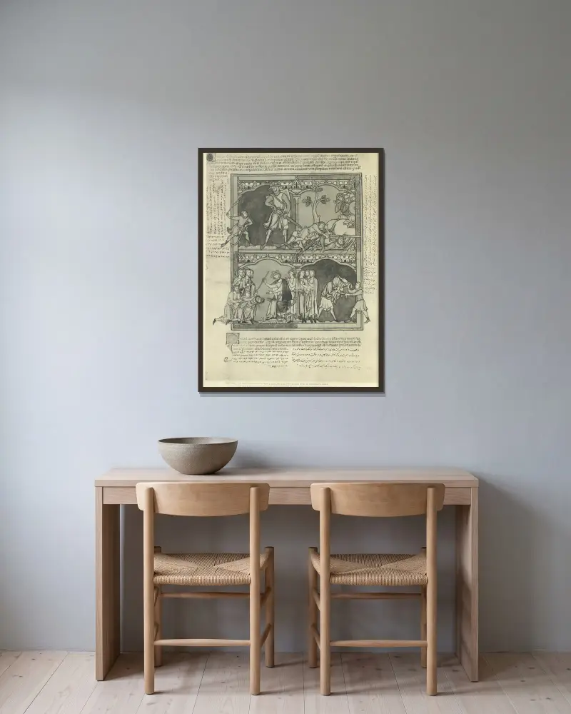 Ein Buch mit alttestamentlichen Illustrationen aus der Mitte des 13. Jahrhunderts, Tafel 56 von Montague Rhodes James gerahmt an einer Wand