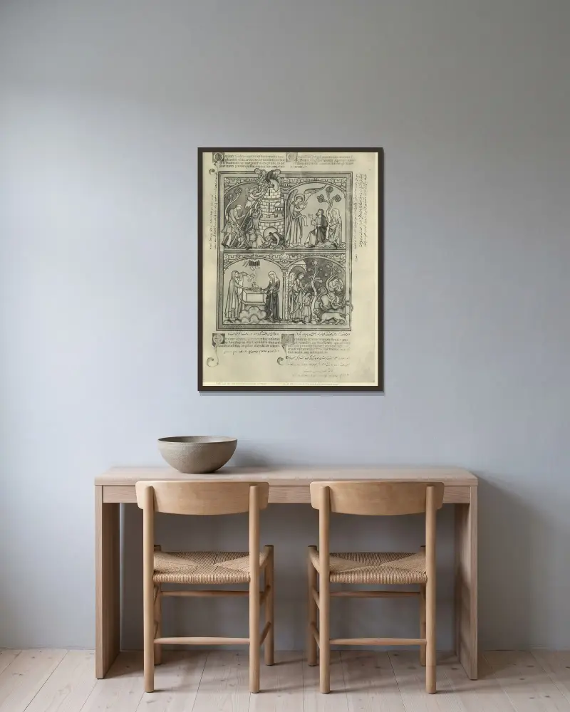Gammaltestamentliga illustrationer från mitten av 1200-talet, plansch 27 av Montague Rhodes James inramad på en vägg