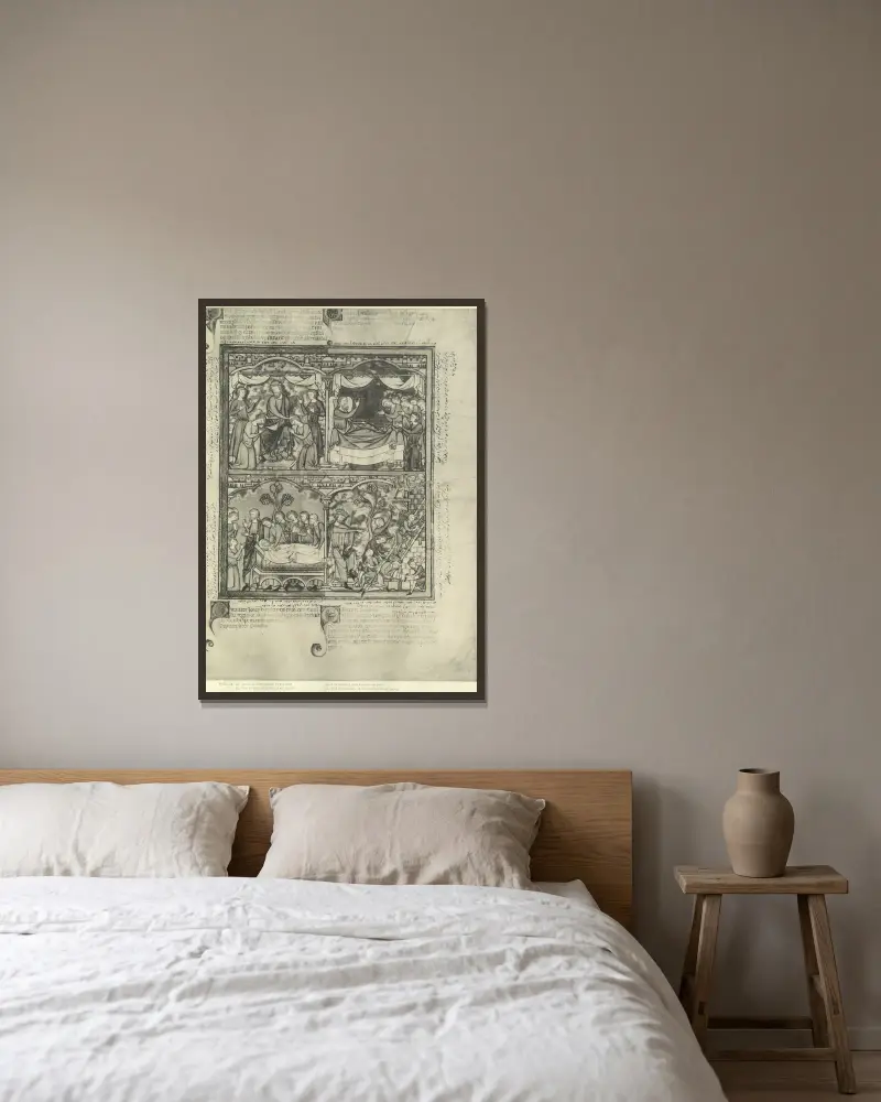 Gammaltestamentliga illustrationer från mitten av 1200-talet, plansch 13 av Montague Rhodes James inramad på en vägg