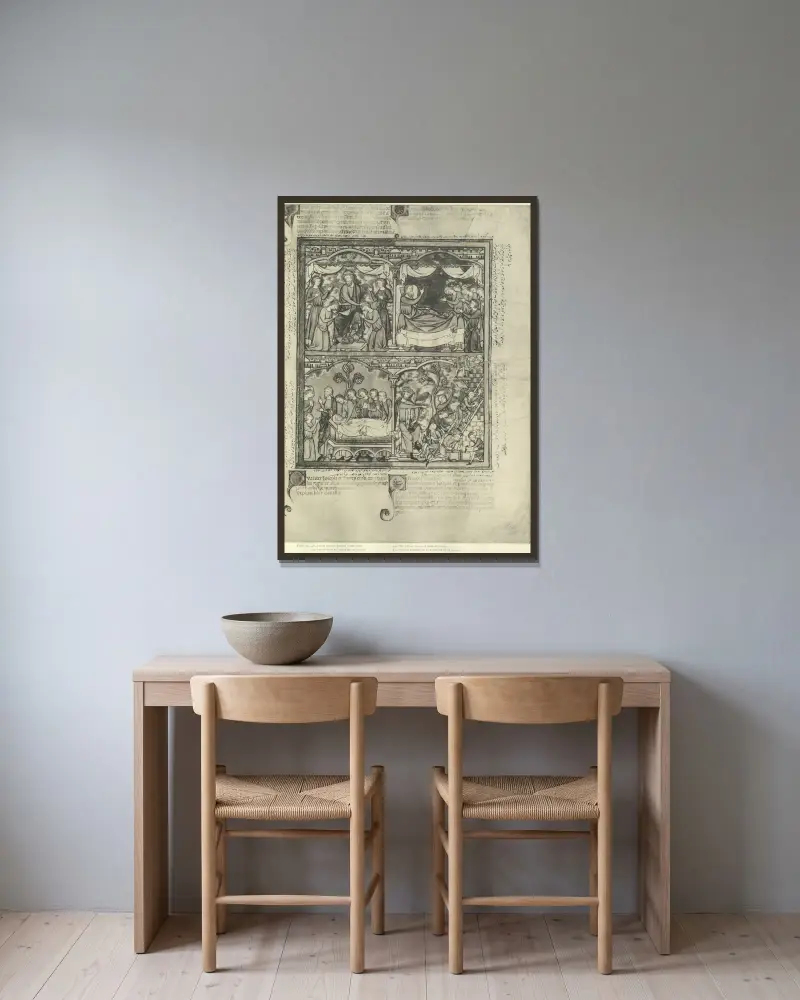 Gammaltestamentliga illustrationer från mitten av 1200-talet, plansch 13 av Montague Rhodes James inramad på en vägg