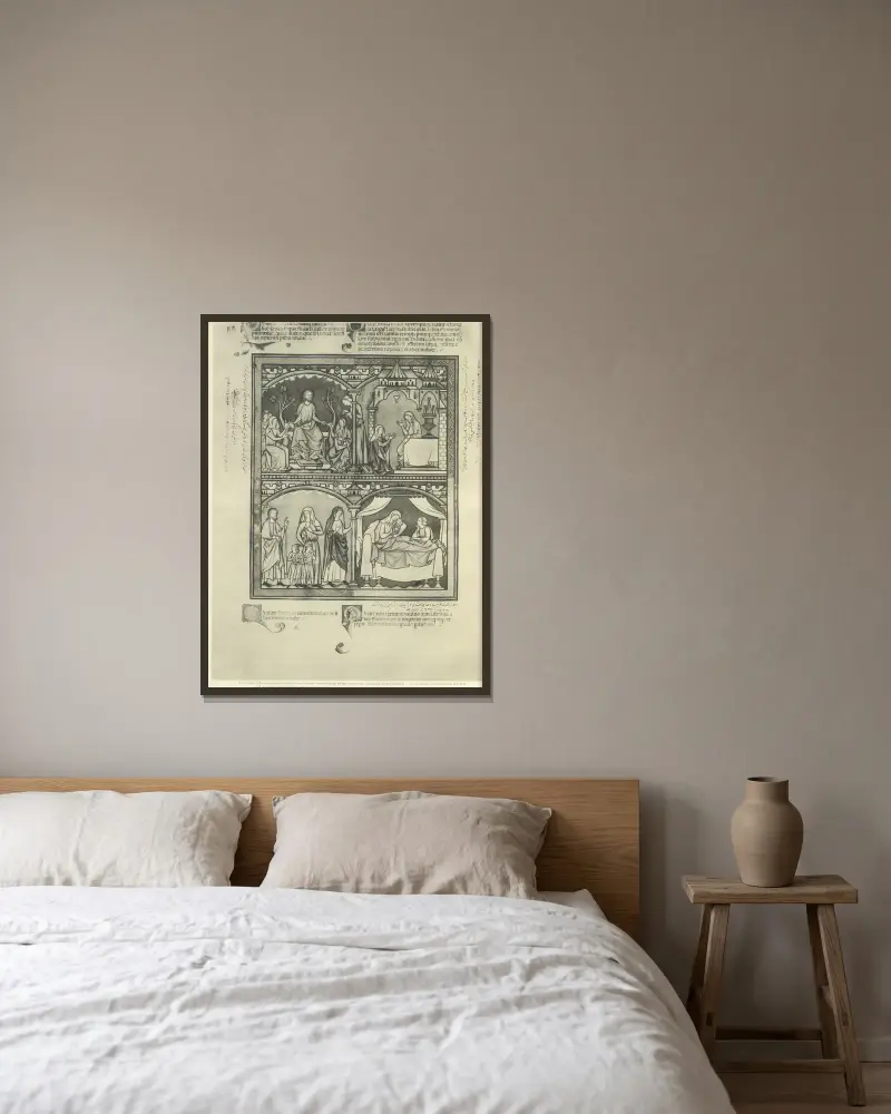 Gammaltestamentliga illustrationer från mitten av 1200-talet, plansch 38 av Montague Rhodes James inramad på en vägg