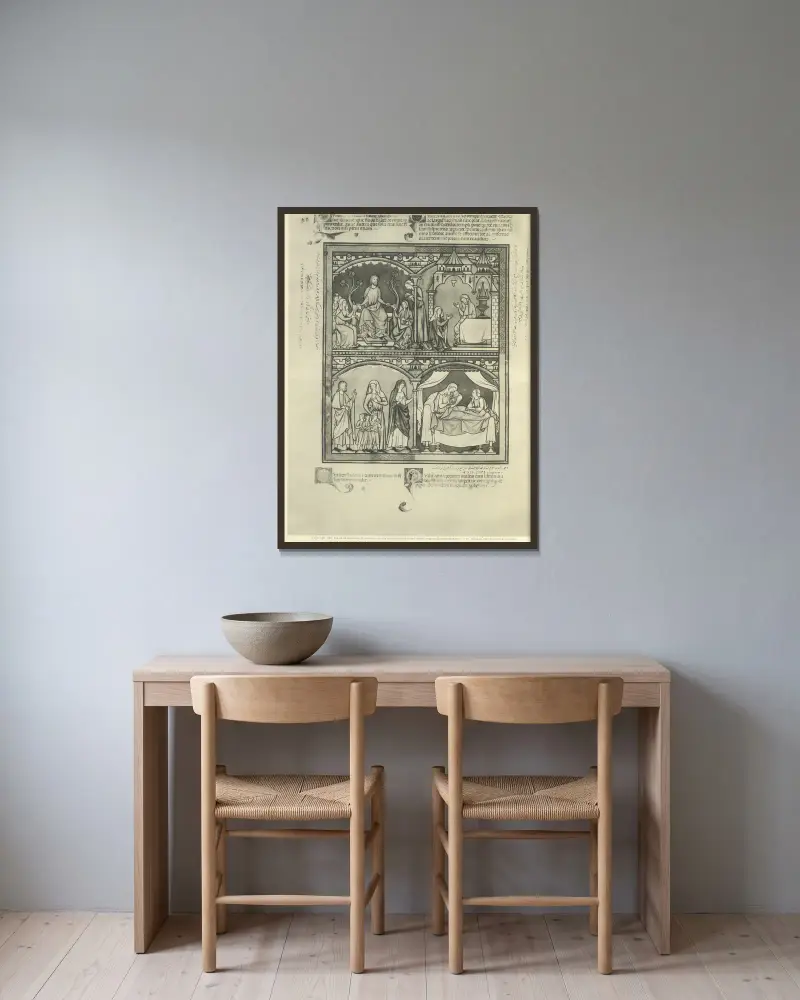 Gammaltestamentliga illustrationer från mitten av 1200-talet, plansch 38 av Montague Rhodes James inramad på en vägg