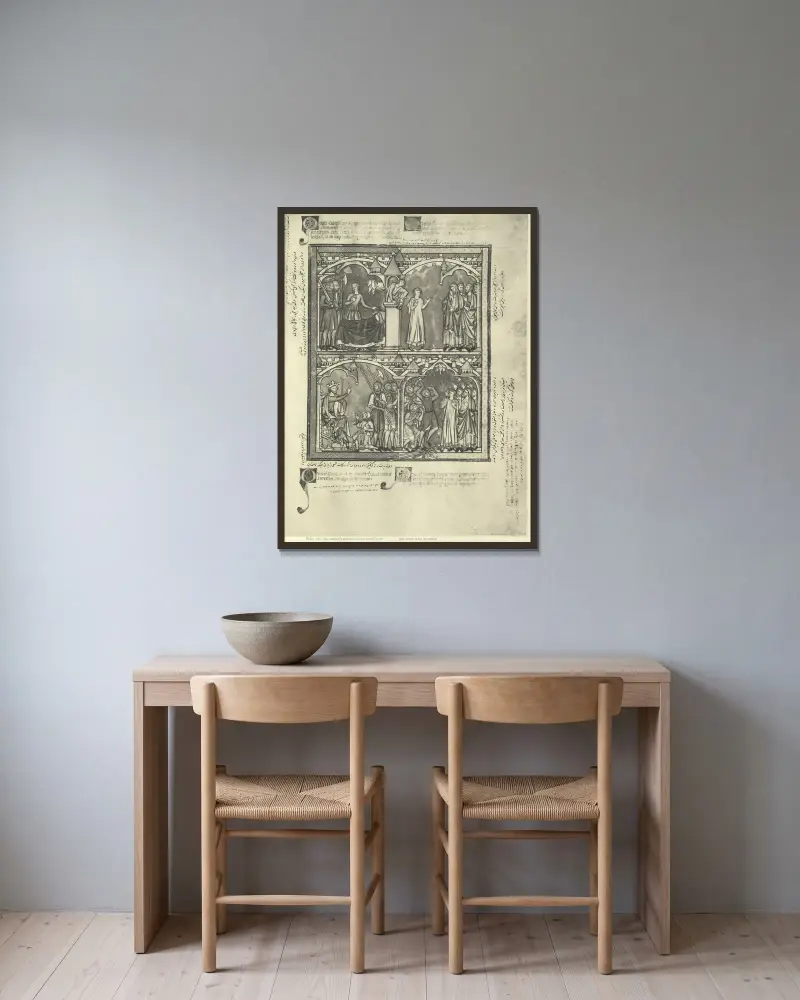 Gammaltestamentliga illustrationer från mitten av 1200-talet, plansch 61 av Montague Rhodes James inramad på en vägg