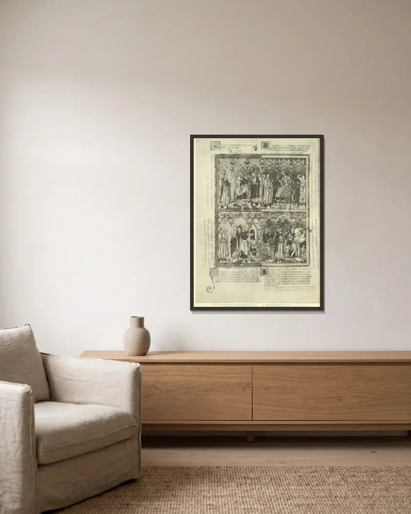 Gammaltestamentliga illustrationer från mitten av 1200-talet, plansch 16 av Montague Rhodes James inramad på en vägg