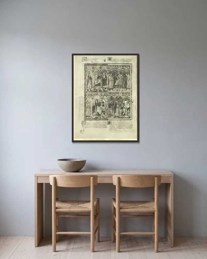 Gammaltestamentliga illustrationer från mitten av 1200-talet, plansch 16 av Montague Rhodes James inramad på en vägg