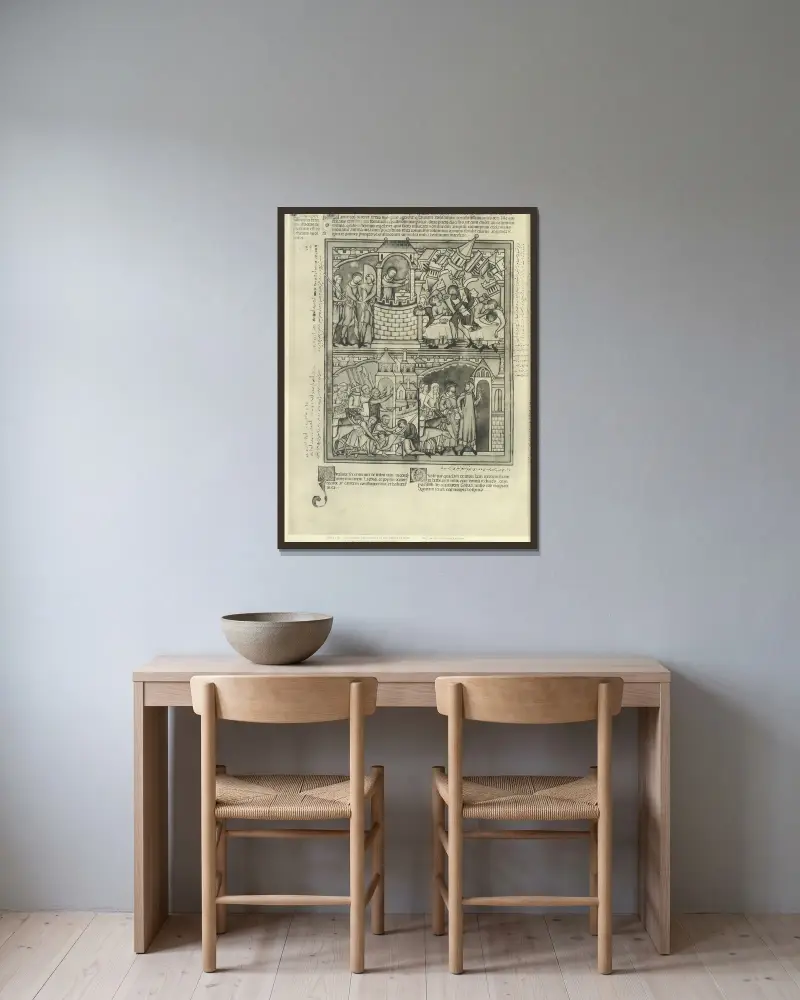 Gammaltestamentliga illustrationer från mitten av 1200-talet, plansch 30 av Montague Rhodes James inramad på en vägg