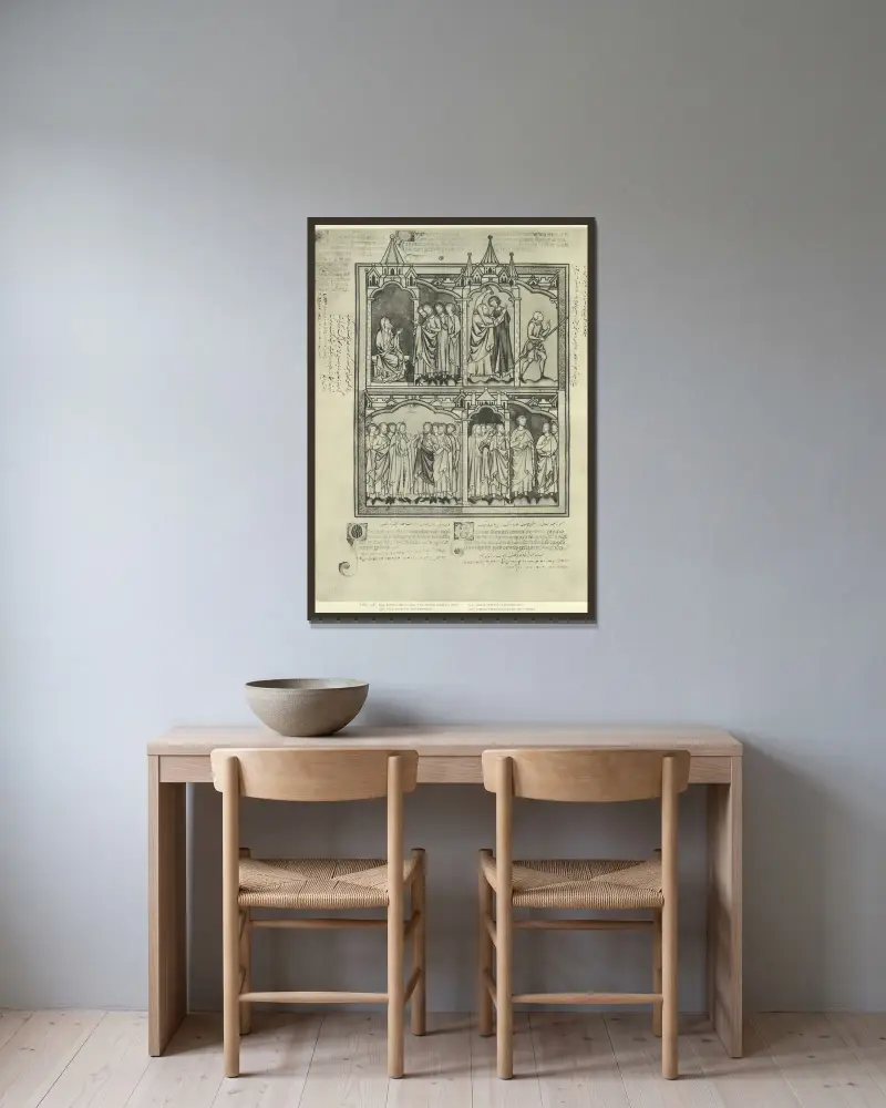 Gammaltestamentliga illustrationer från mitten av 1200-talet, plansch 44 av Montague Rhodes James inramad på en vägg