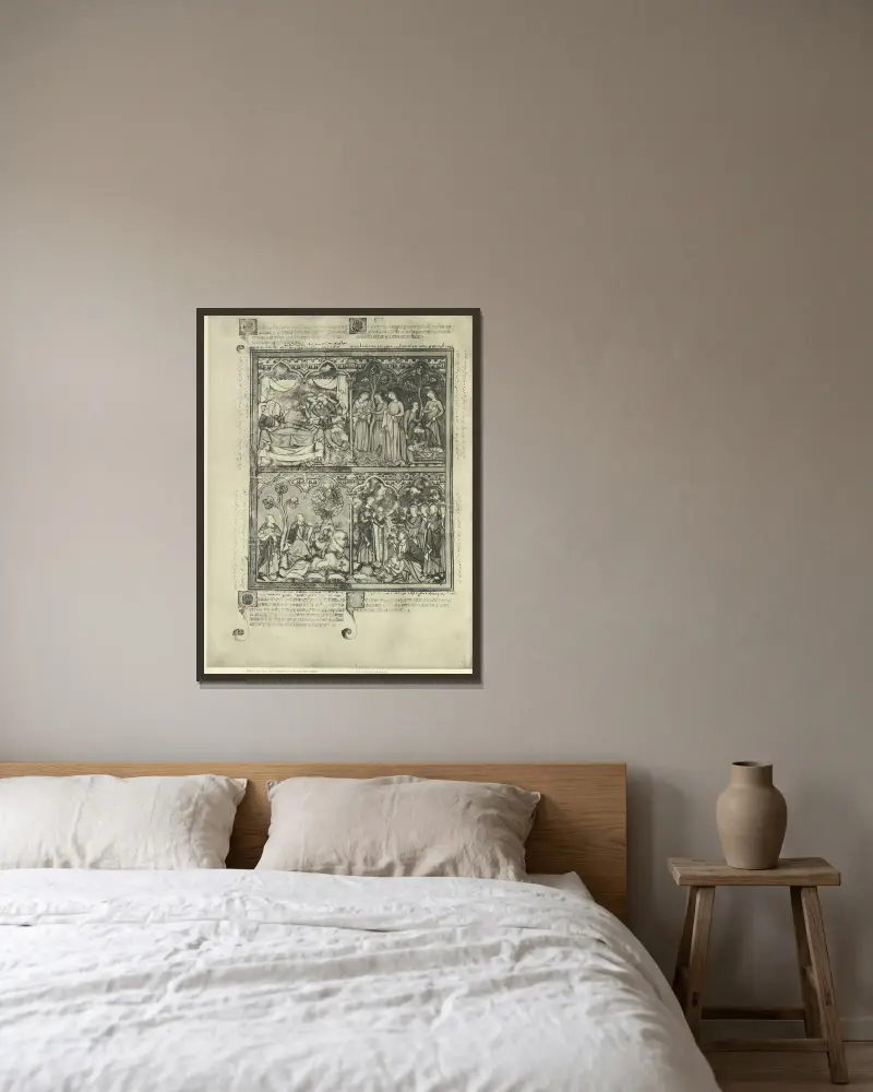 Gammaltestamentliga illustrationer från mitten av 1200-talet, plansch 14 av Montague Rhodes James inramad på en vägg