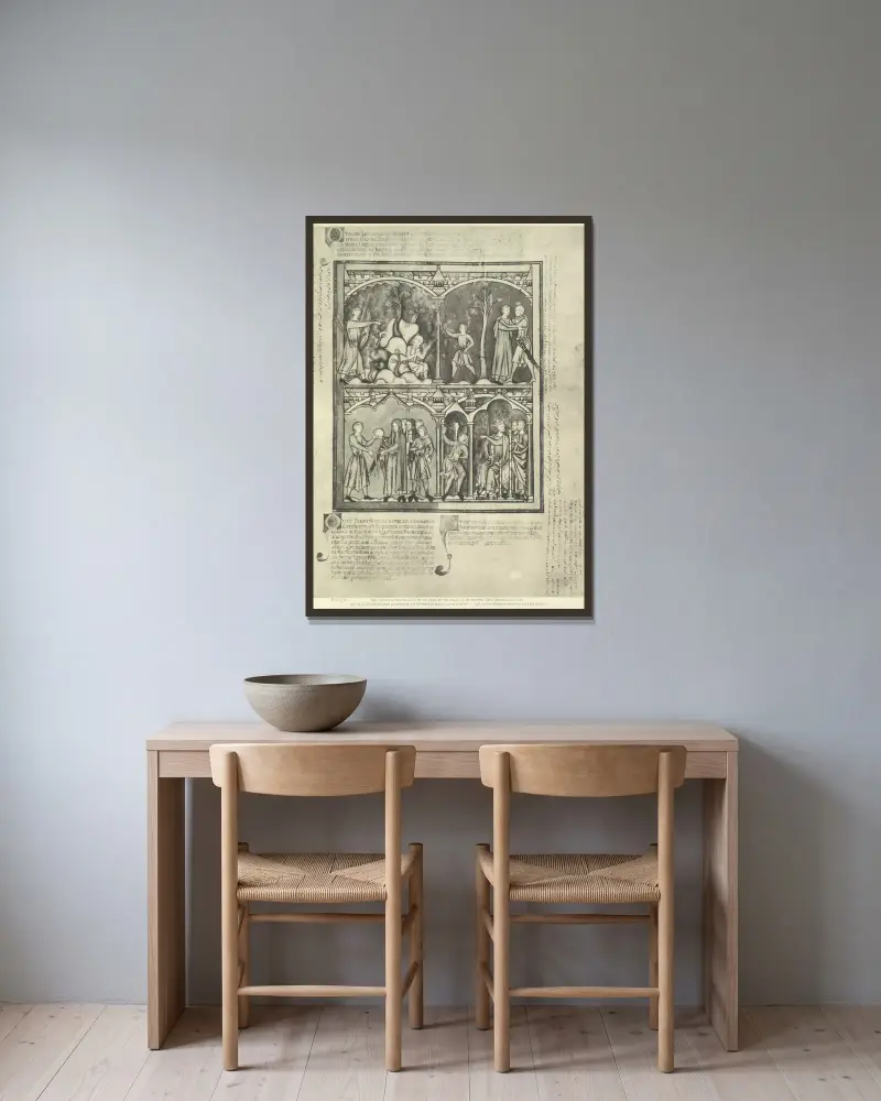 Gammaltestamentliga illustrationer från mitten av 1200-talet, plansch 63 av Montague Rhodes James inramad på en vägg