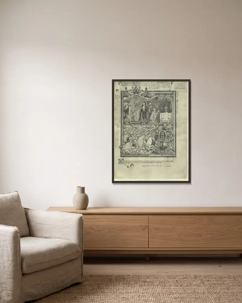 Gammaltestamentliga illustrationer från mitten av 1200-talet, plansch 79 av Montague Rhodes James inramad på en vägg
