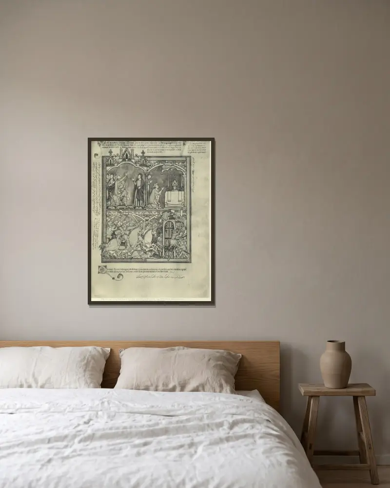 Gammaltestamentliga illustrationer från mitten av 1200-talet, plansch 79 av Montague Rhodes James inramad på en vägg