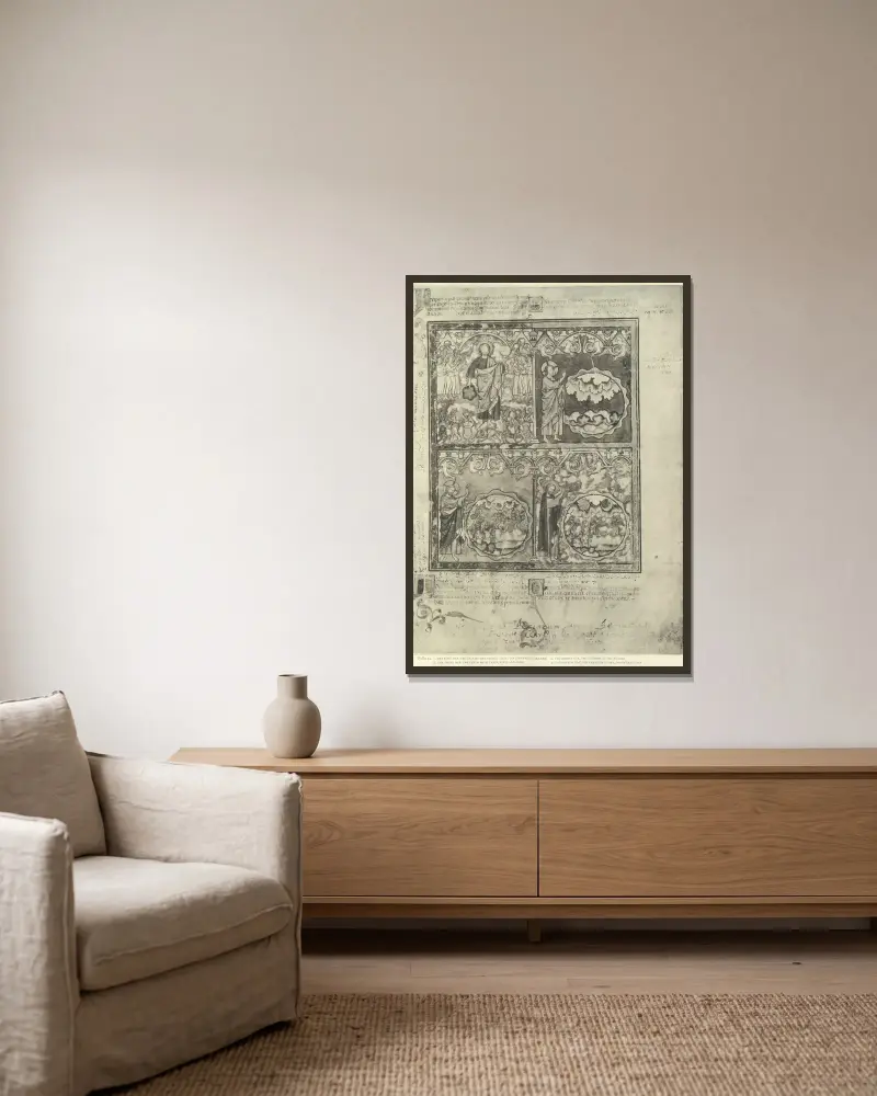 Ein Buch mit alttestamentlichen Illustrationen aus der Mitte des 13. Jahrhunderts, Tafel 1 von Montague Rhodes James gerahmt an einer Wand