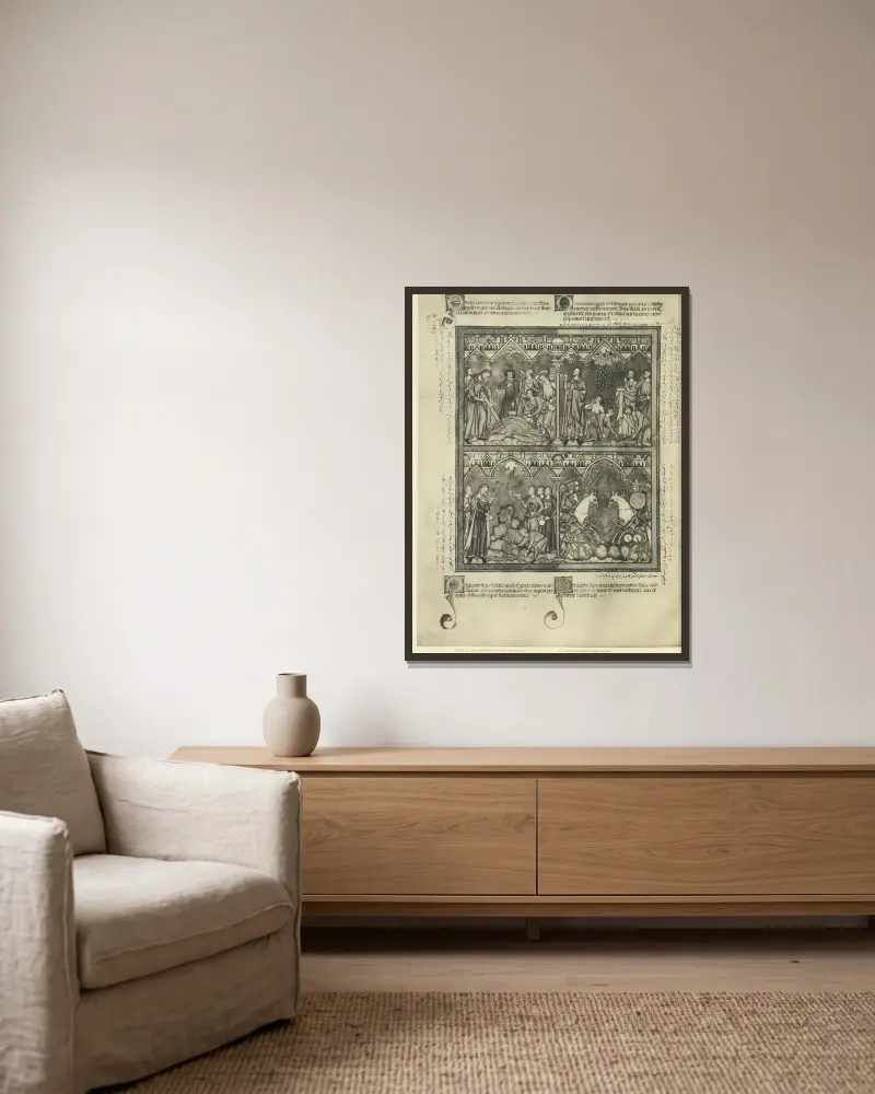 Gammaltestamentliga illustrationer från mitten av 1200-talet, plansch 18 av Montague Rhodes James inramad på en vägg