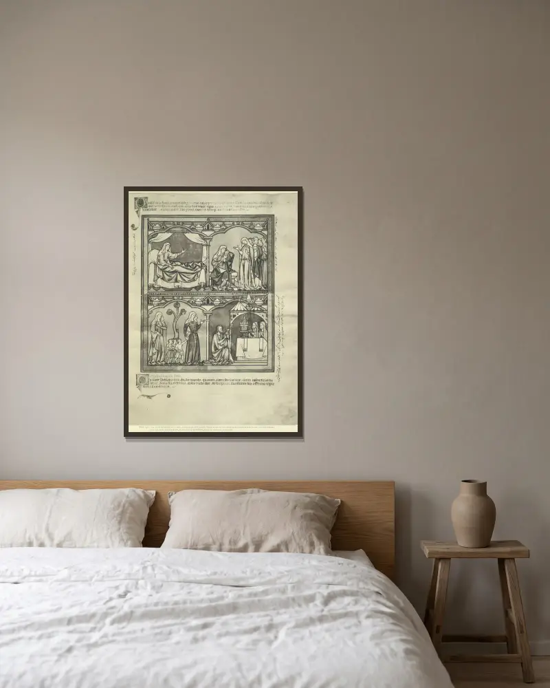 Gammaltestamentliga illustrationer från mitten av 1200-talet, plansch 37 av Montague Rhodes James inramad på en vägg